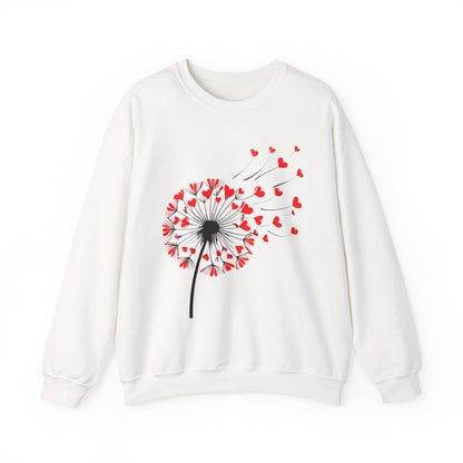 Dandelion Heart Breeze Sweatshirt – White Crewneck with Red Heart Seeds