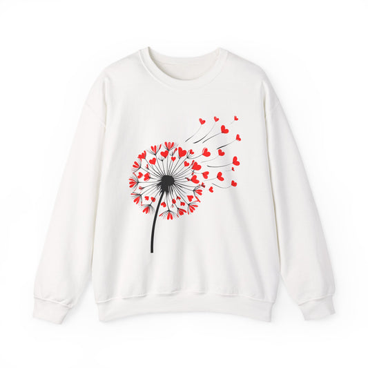 Dandelion Heart Breeze Sweatshirt – White Crewneck with Red Heart Seeds