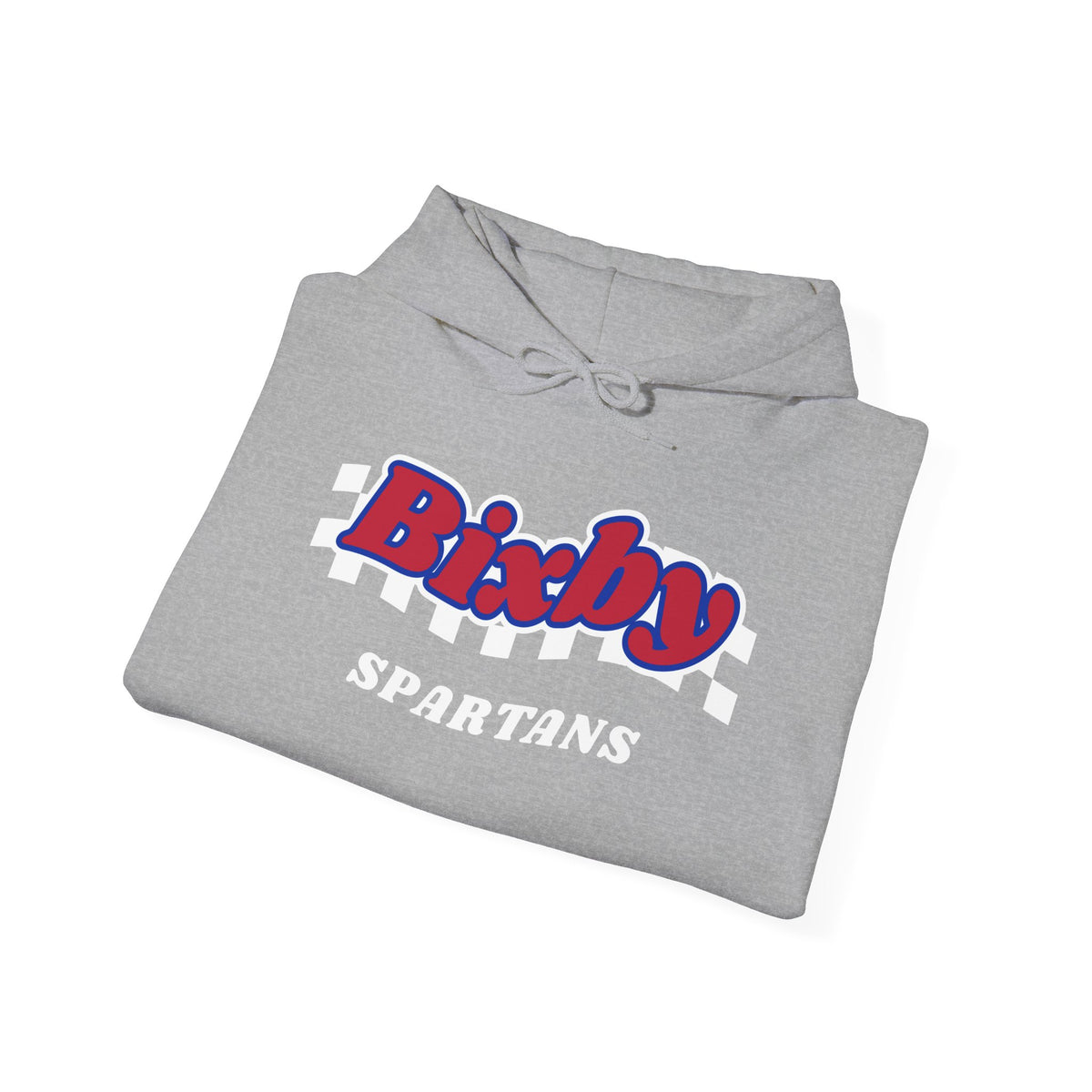 Bixby Spartans Retro Script Checkered Hoodie – Red, White & Blue Game Day Hooded Sweatshirt