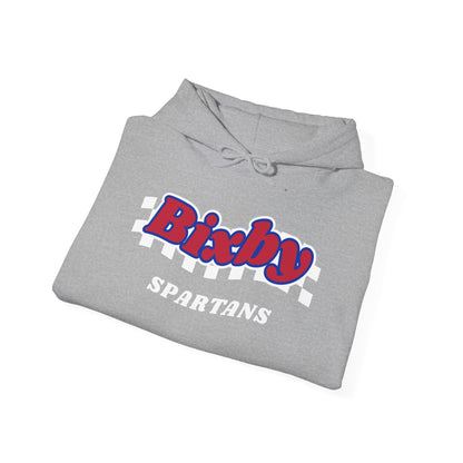 Bixby Spartans Retro Script Checkered Hoodie – Red, White & Blue Game Day Hooded Sweatshirt