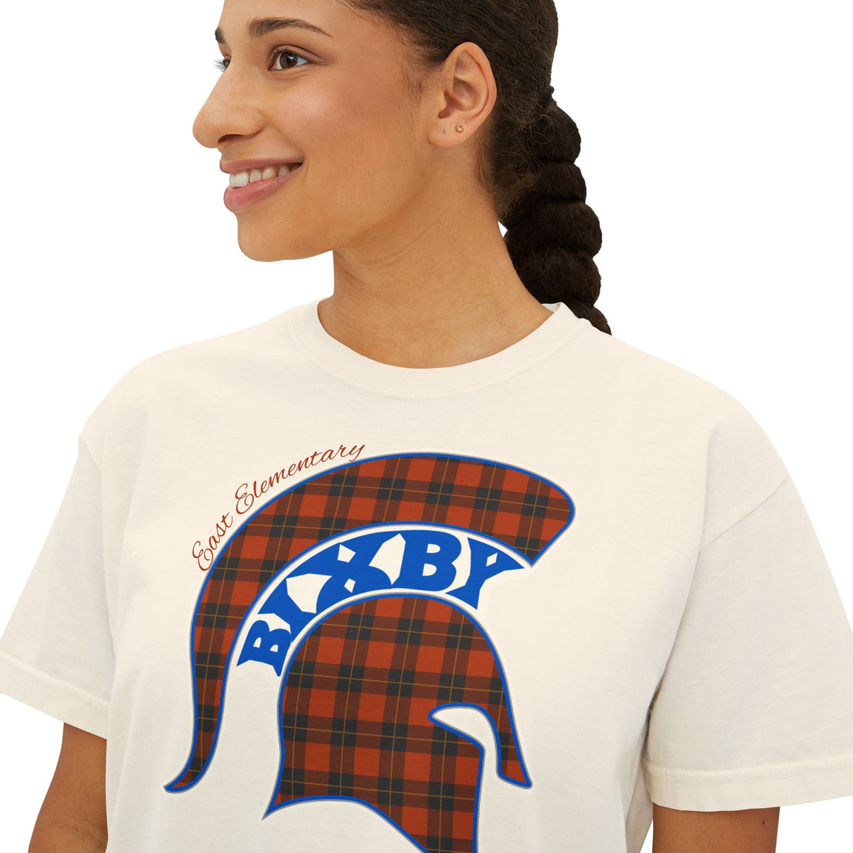 Bixby Spartans East Elementary Plaid Helmet Women's Boxy Tee – School Spirit Mom Shirt
