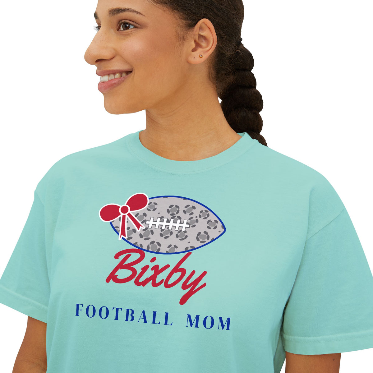 Bixby Spartans Football Mom Women's Boxy Tee – Leopard Football & Bow, Navy Lettering
