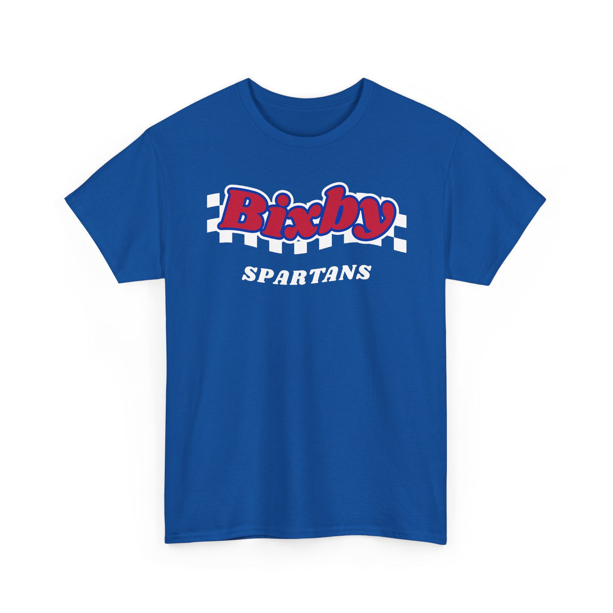 Bixby Spartans Retro Script Checkered Tee – Red, White & Blue Game Day Shirt