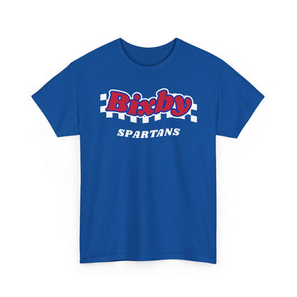 Bixby Spartans Retro Script Checkered Tee – Red, White & Blue Game Day Shirt