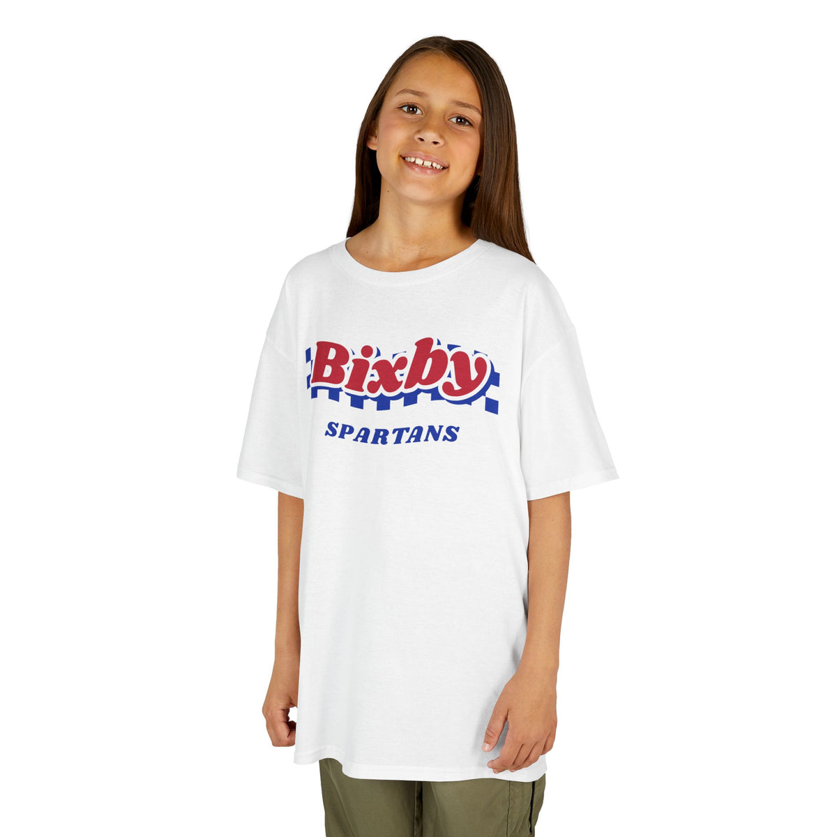 Bixby Spartans Retro Blue Checkered Script Youth Tee – Kids Vintage Game Day Shirt