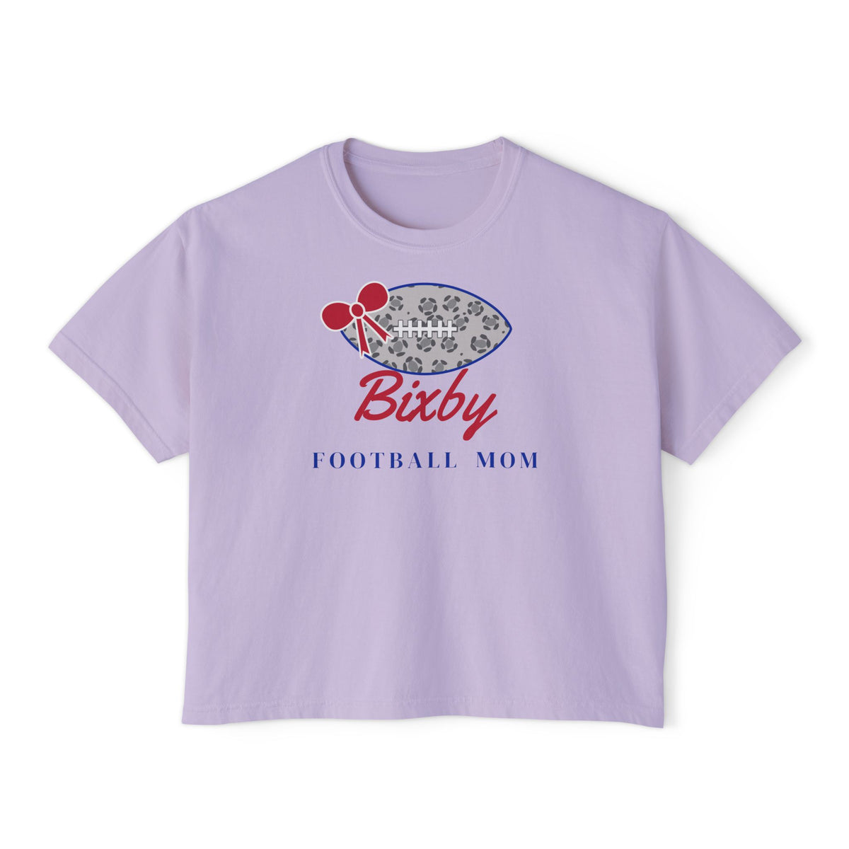 Bixby Spartans Football Mom Women's Boxy Tee – Leopard Football & Bow, Navy Lettering