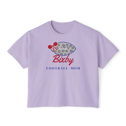 Bixby Spartans Football Mom Women's Boxy Tee – Leopard Football & Bow, Navy Lettering