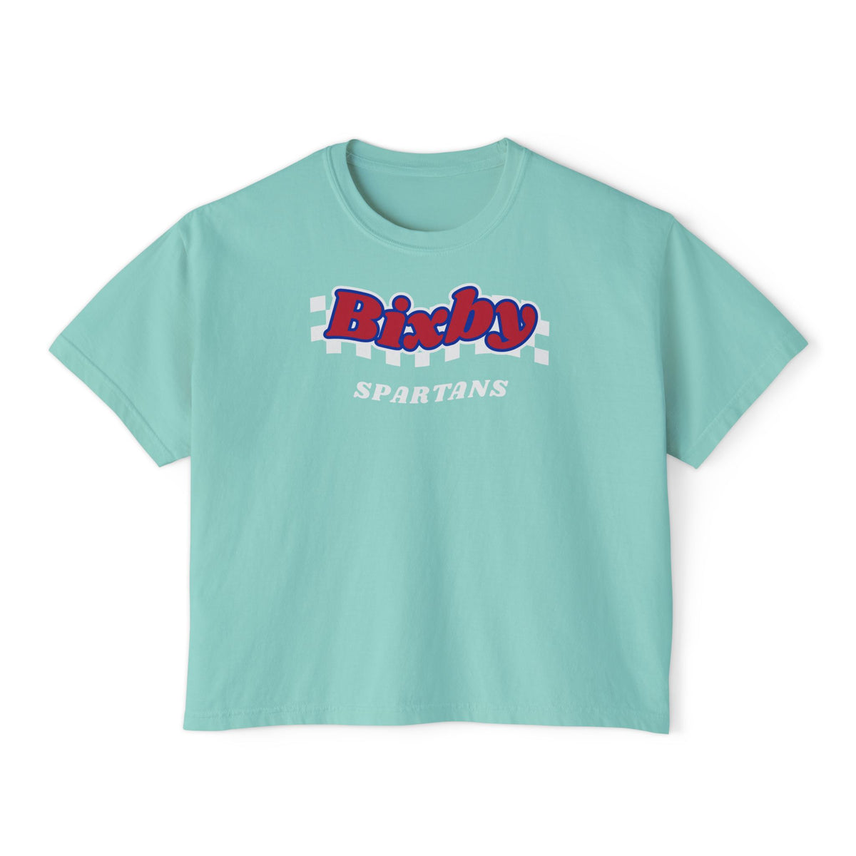 Bixby Spartans White Checker Retro Logo Women's Boxy Tee – Game Day Shirt