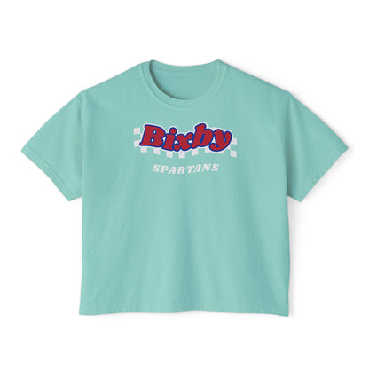 Bixby Spartans White Checker Retro Logo Women's Boxy Tee – Game Day Shirt