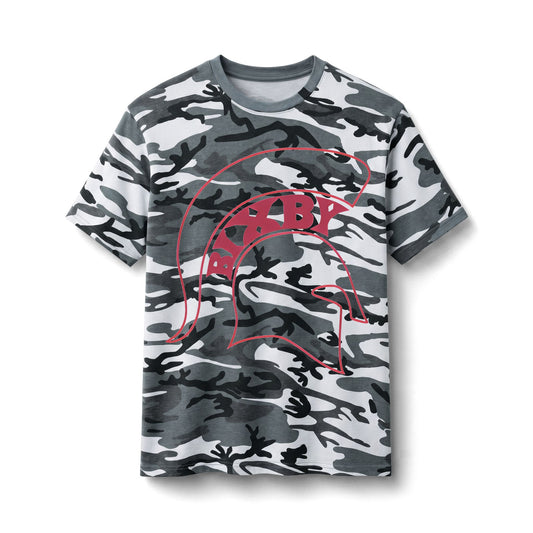 Bixby Spartans Camo Spartan Helmet - Pink Outline Military Graphic Tee