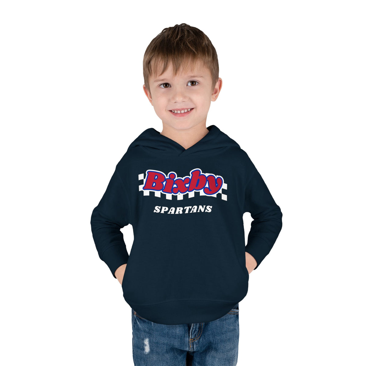Bixby Spartans Retro Script Checkered Toddler Hoodie – Little Spartan Game Day Hoodie