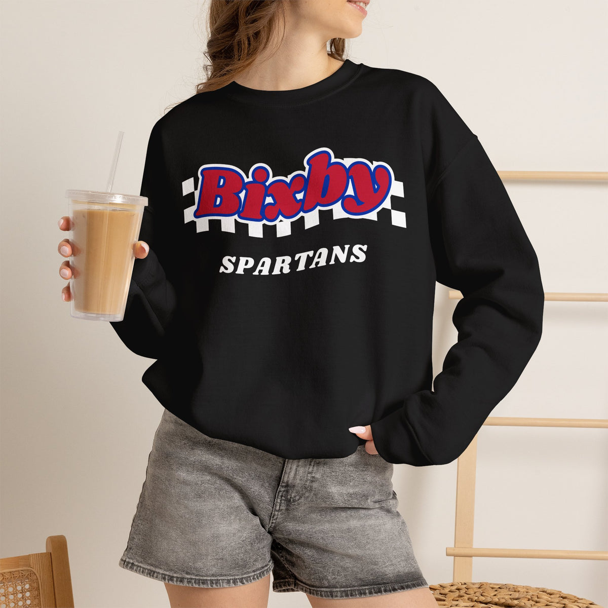 Bixby Spartans Retro Script Checkered Sweatshirt – Red, White & Blue Game Day Crewneck