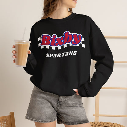 Bixby Spartans Retro Script Checkered Sweatshirt – Red, White & Blue Game Day Crewneck