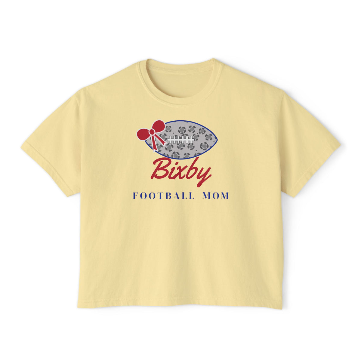 Bixby Spartans Football Mom Women's Boxy Tee – Leopard Football & Bow, Navy Lettering