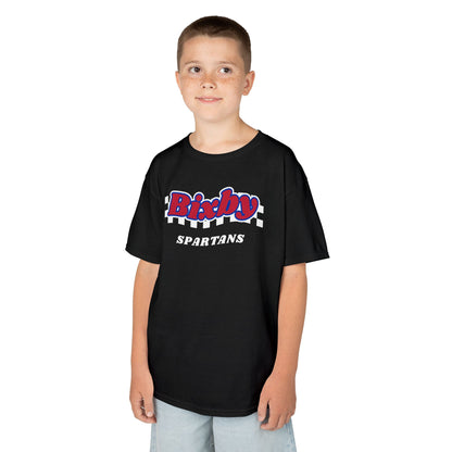 Bixby Spartans Retro Script Checkered Youth Tee – Kids Red, White & Blue Game Day Shirt