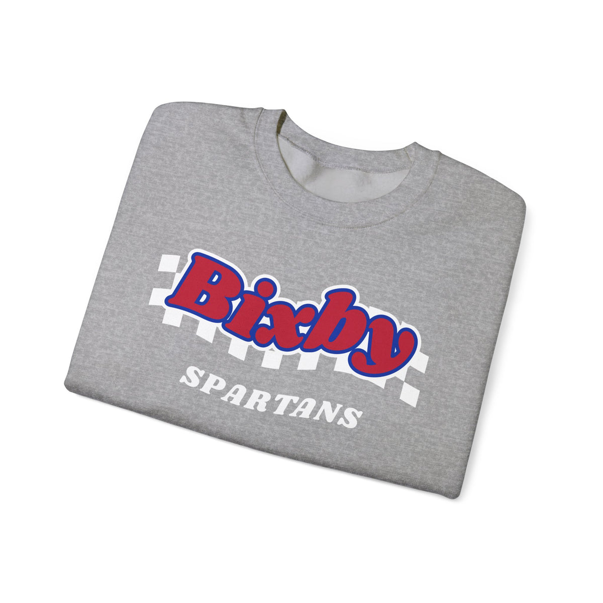 Bixby Spartans Retro Script Checkered Sweatshirt – Red, White & Blue Game Day Crewneck