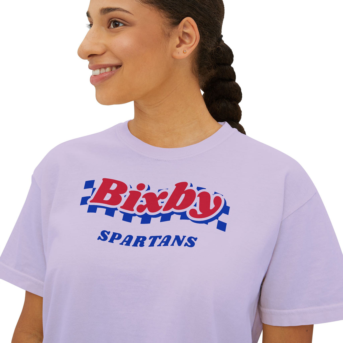 Bixby Spartans Navy Checker Retro Logo Women's Boxy Tee – Game Day Shirt