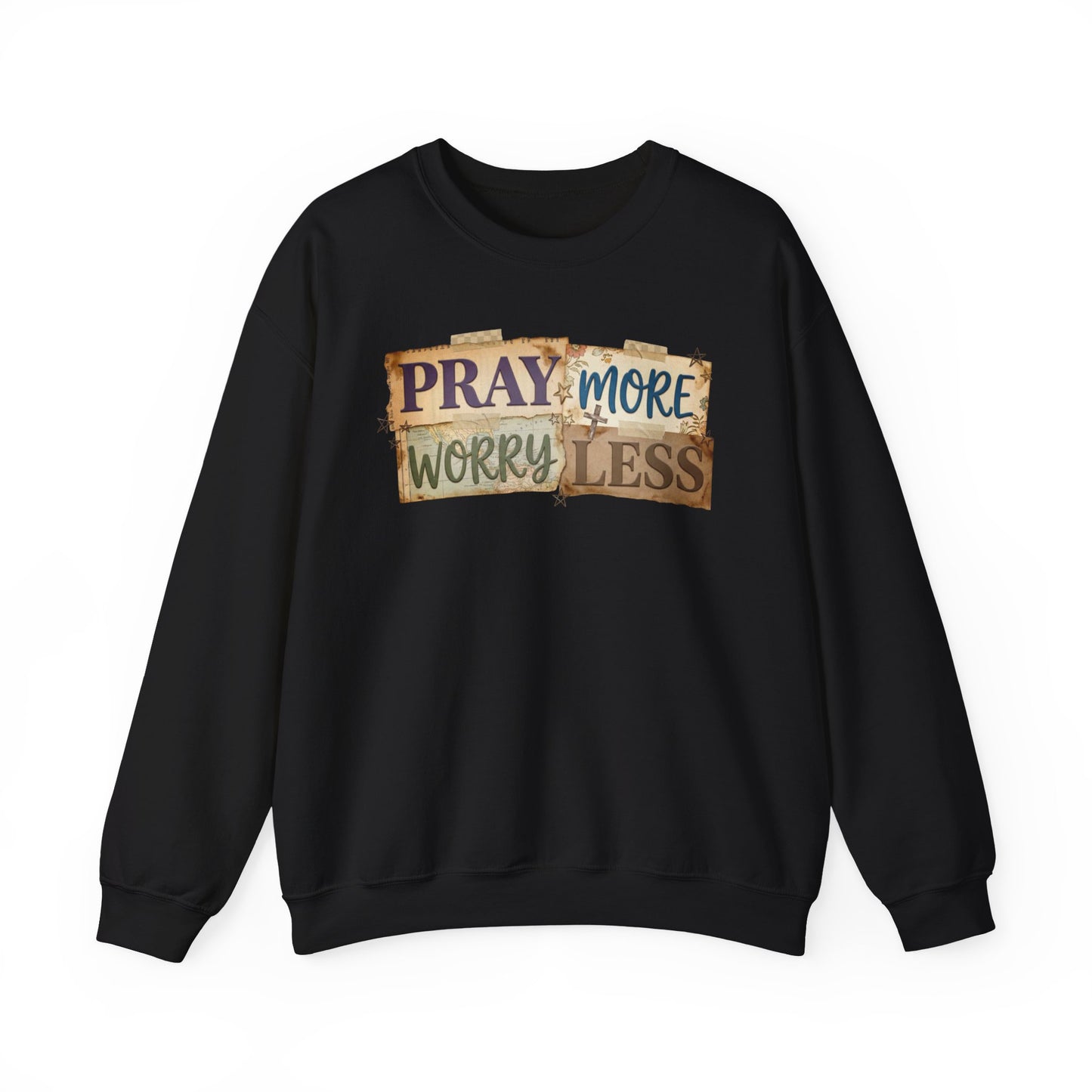 Pray More Worry Less Gildan Sweatshirt | Faith Christian Bible Verse Crewneck