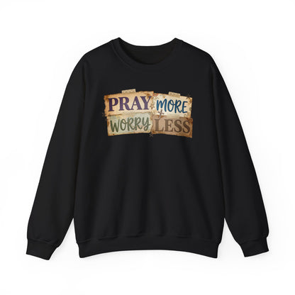 Pray More Worry Less Gildan Sweatshirt | Faith Christian Bible Verse Crewneck