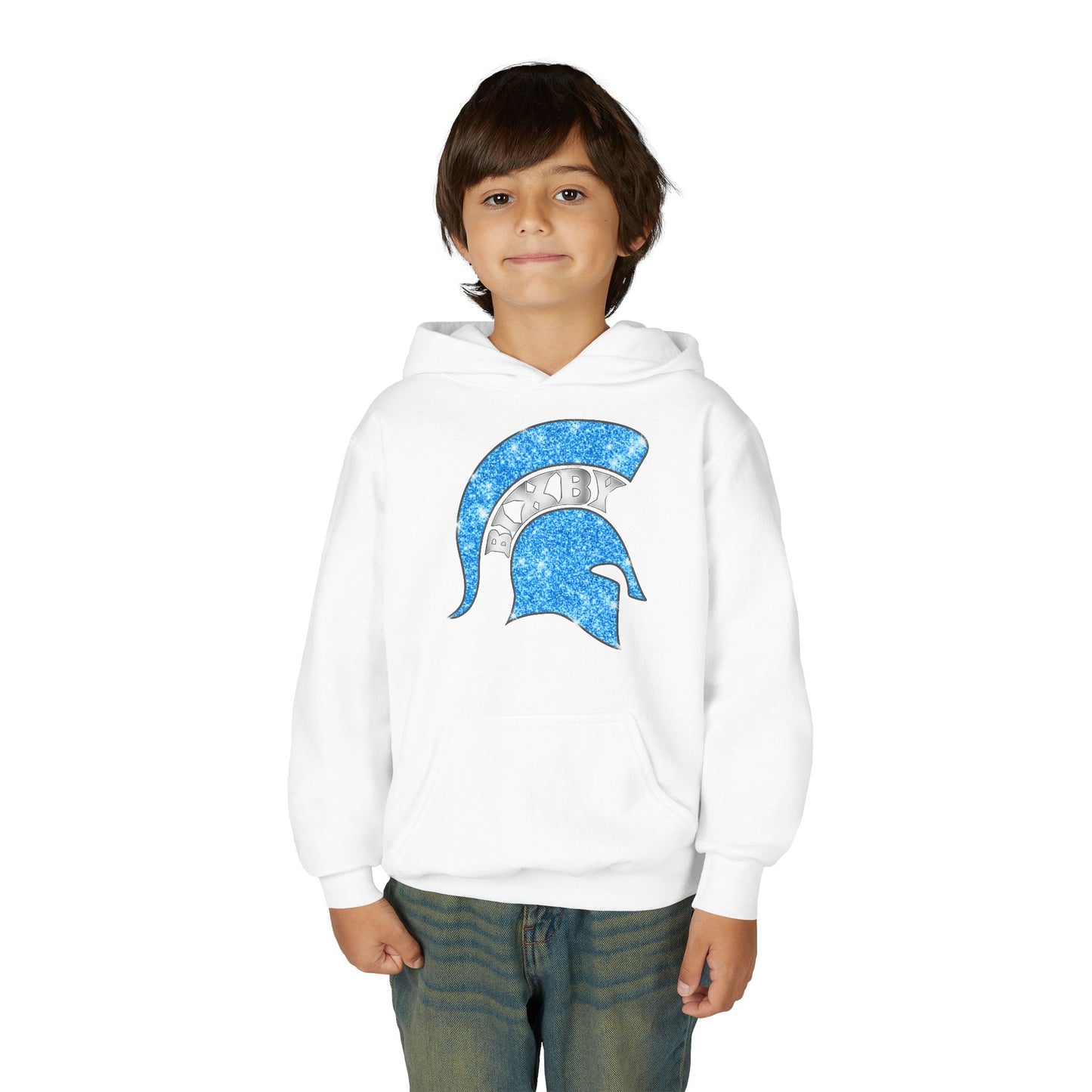 Bixby Spartan Blue Helmet Bling Youth Gildan Hoodie