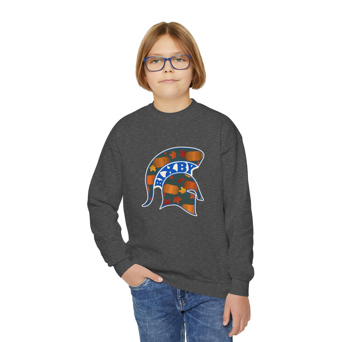 Bixby Spartans Pumpkin Patch Helmet Youth Sweatshirt – Kids Fall Crewneck