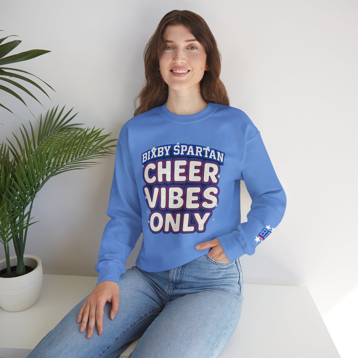 Bixby Spartans Cheer Vibes With Sleeve Print Gildan Sweatshirt