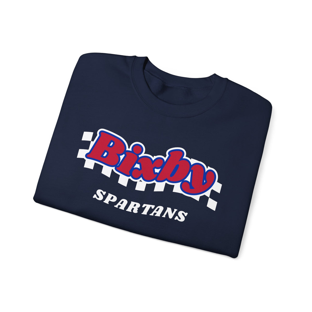 Bixby Spartans Retro Script Checkered Sweatshirt – Red, White & Blue Game Day Crewneck