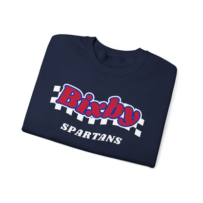 Bixby Spartans Retro Script Checkered Sweatshirt – Red, White & Blue Game Day Crewneck