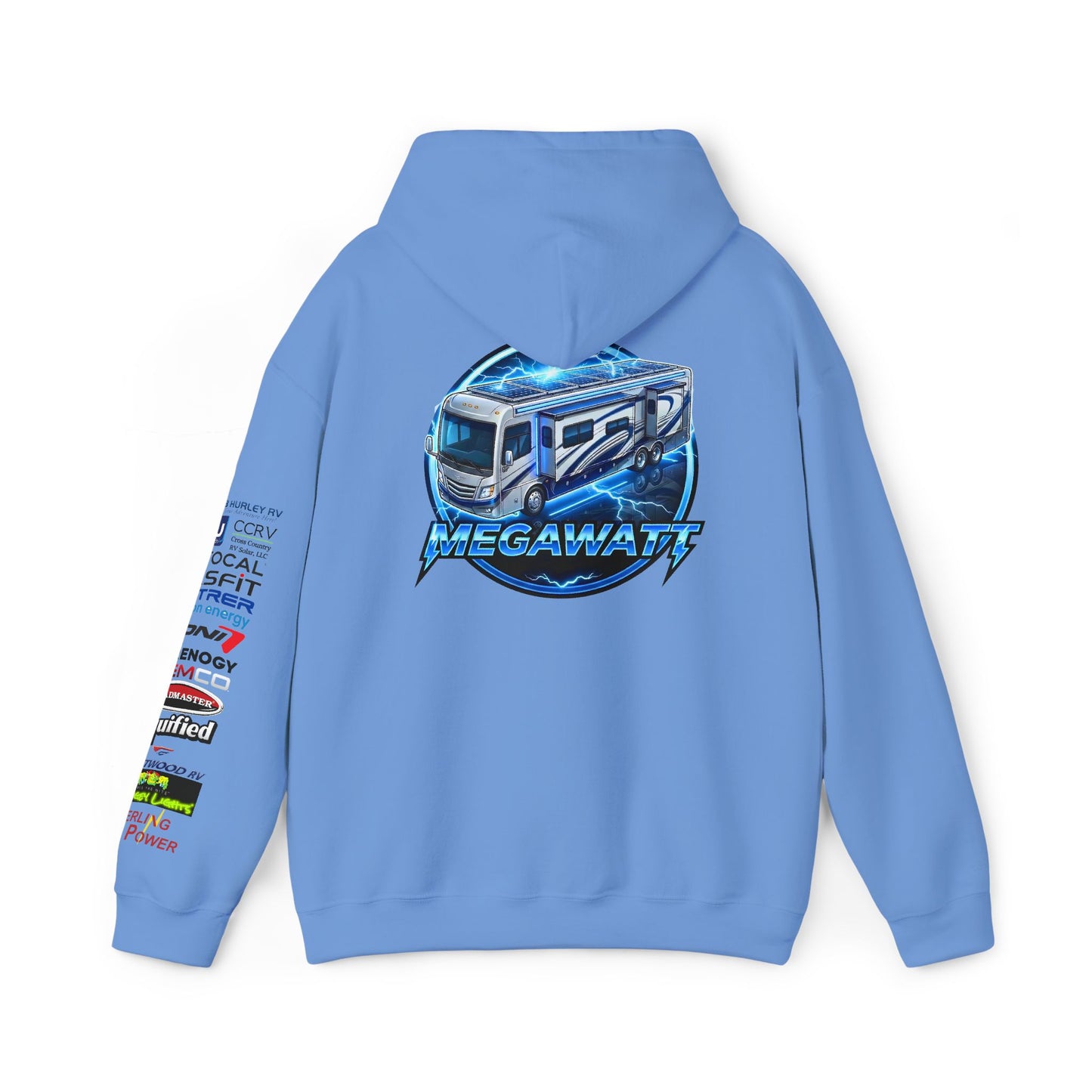 RV Megawatt Hoodie — Retro Camper Graphic Pullover with Sponsor Sleeve Logos