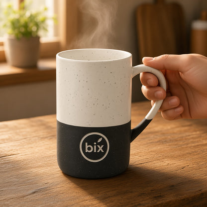 bix stamp engraved speckled mug