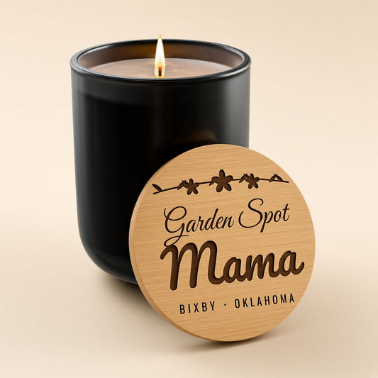 Garden Spot Mama engraved bamboo lid beside the soy candle
