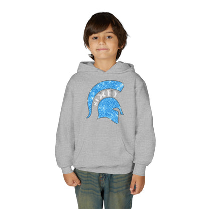 Bixby Spartan Blue Helmet Bling Youth Gildan Hoodie