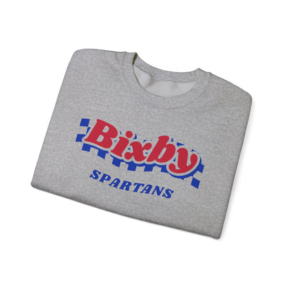 Bixby Spartans Retro Blue Checkered Script Sweatshirt – Vintage Game Day Crewneck