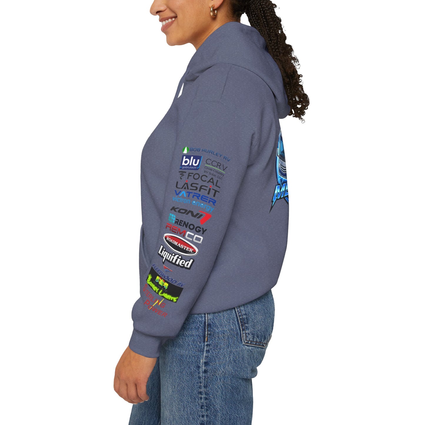 RV Megawatt Hoodie — Retro Camper Graphic Pullover with Sponsor Sleeve Logos