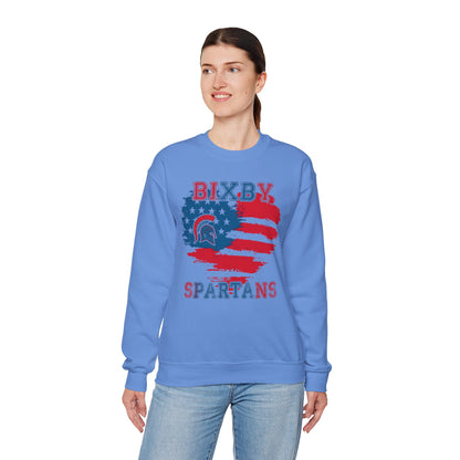 Bixby Spartans Heart American Flag Crewneck Sweatshirt