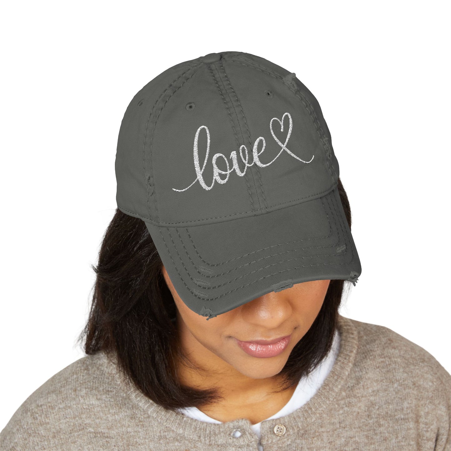 Love Script Embroidered Heart Vintage Distressed Ballcap