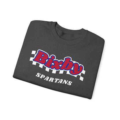 Bixby Spartans Retro Script Checkered Sweatshirt – Red, White & Blue Game Day Crewneck