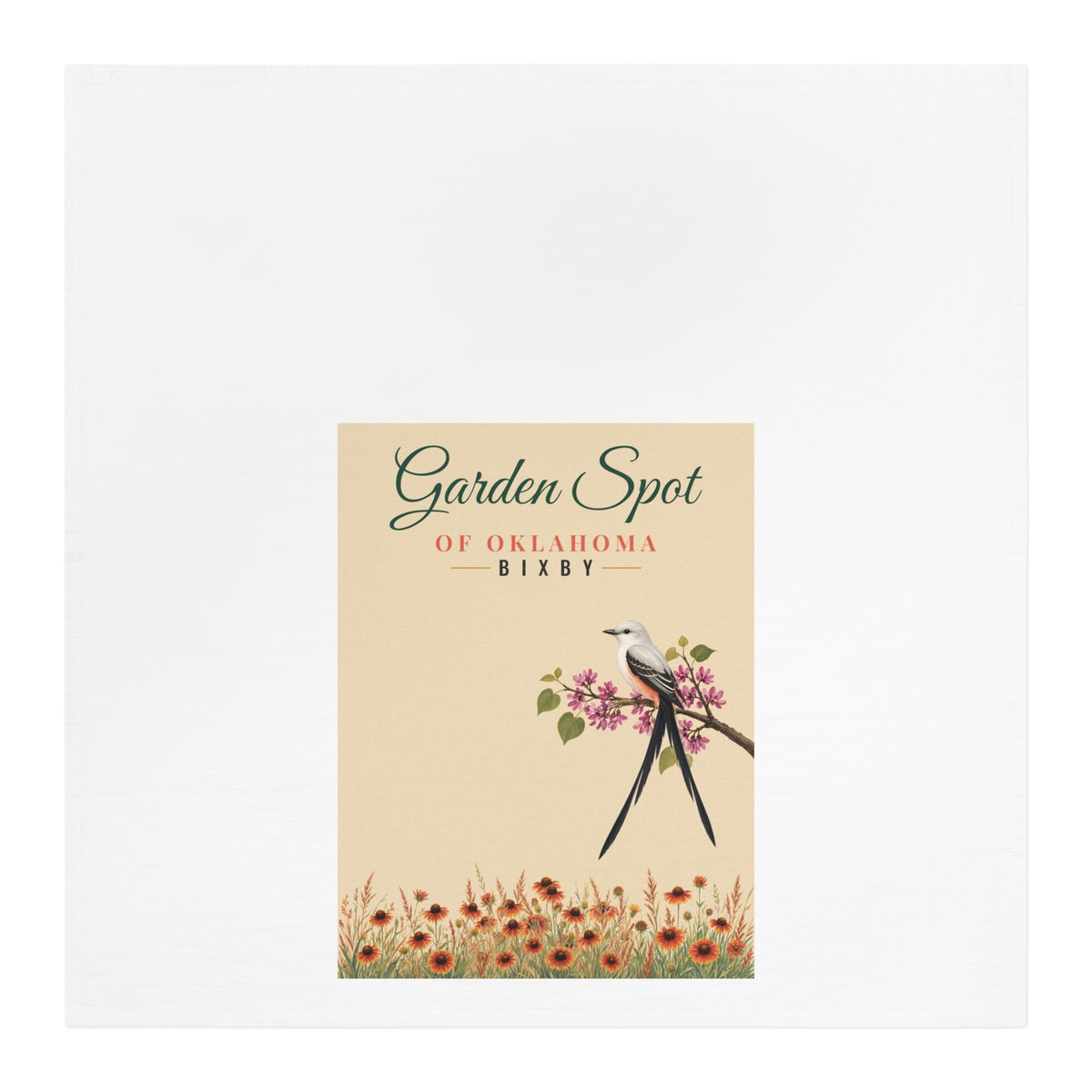 Bixby Oklahoma Tea Towel | Scissortail and Wildflower Flour Sack | Garden Spot Hostess Gift