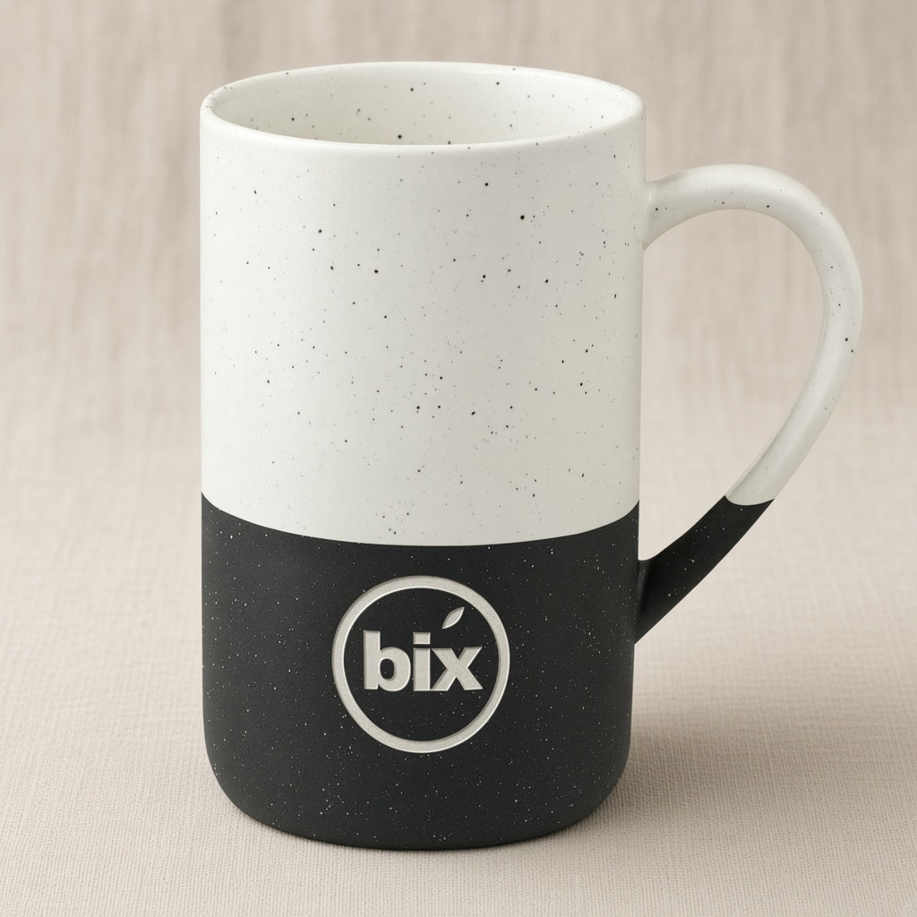 bix engraved speckled mug, three-quarter view