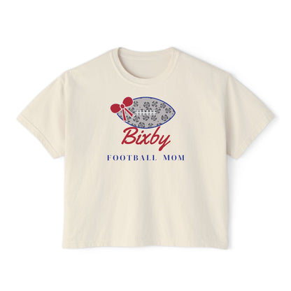 Bixby Spartans Football Mom Women's Boxy Tee – Leopard Football & Bow, Navy Lettering