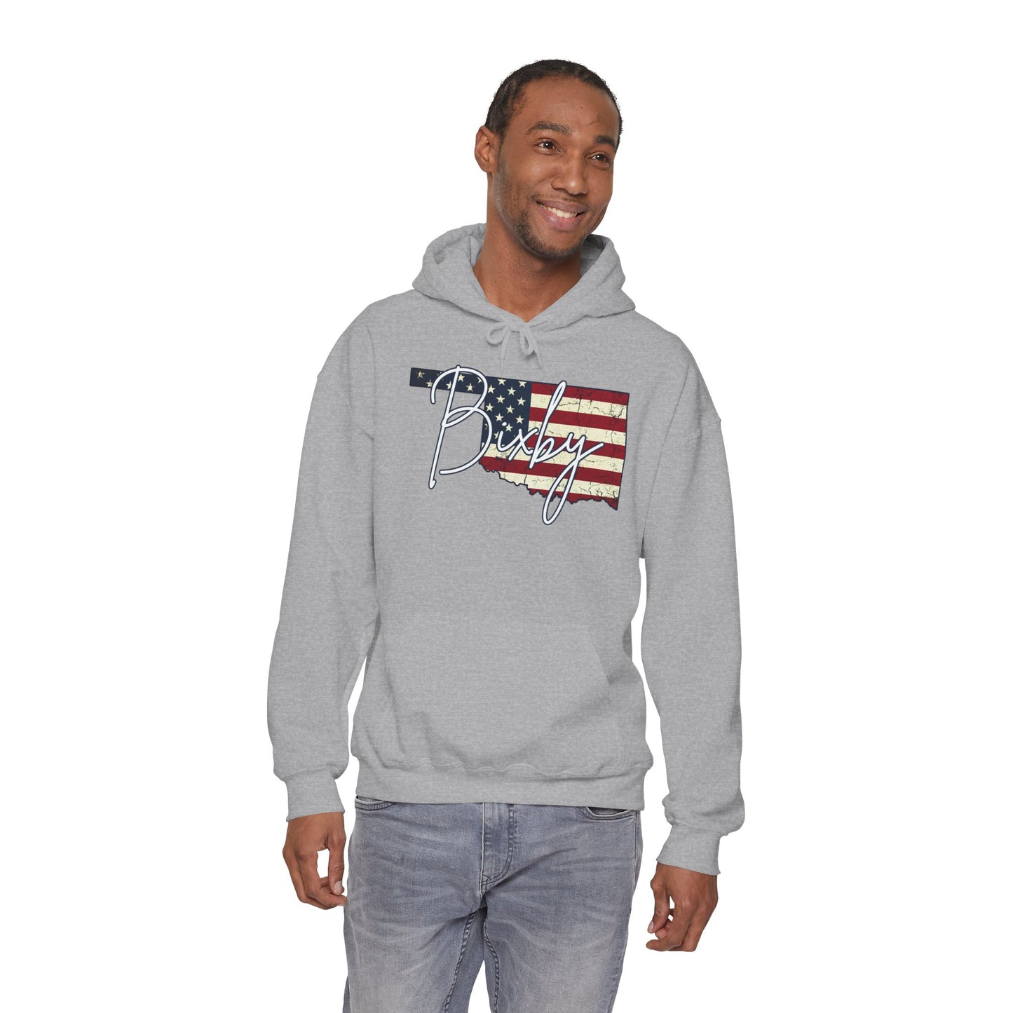 Oklahoma Flag Hoodie with "Bixby" Script Gildan Hoodie