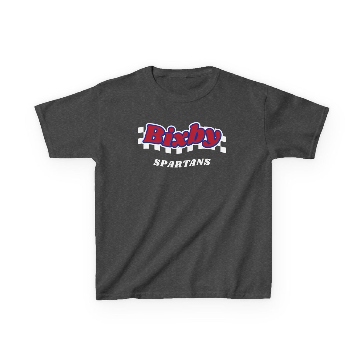 Bixby Spartans Retro Script Checkered Youth Tee – Kids Red, White & Blue Game Day Shirt