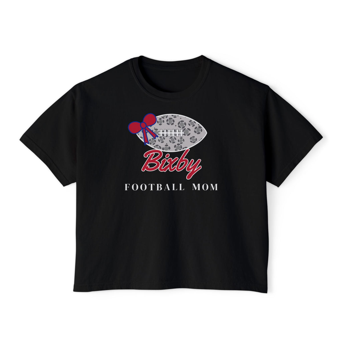 Bixby Spartans Football Mom Women's Boxy Tee – Leopard Football & Bow, White Lettering