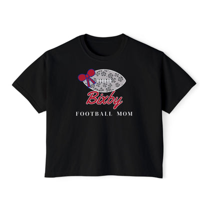 Bixby Spartans Football Mom Women's Boxy Tee – Leopard Football & Bow, White Lettering