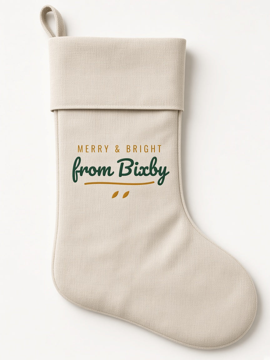 Merry & Bright from Bixby linen Christmas stocking