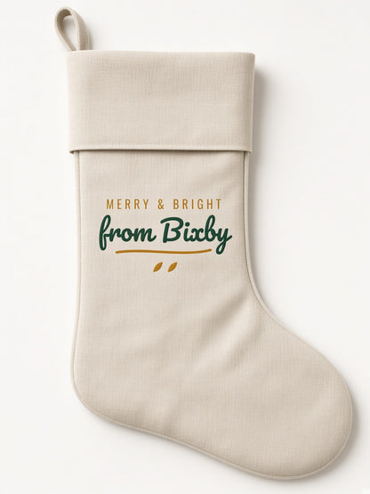 Merry & Bright from Bixby linen Christmas stocking