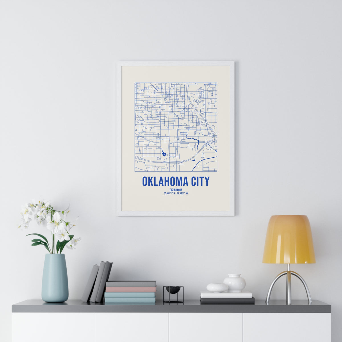 Oklahoma City Street Map Framed Print, Royal Blue on Cream