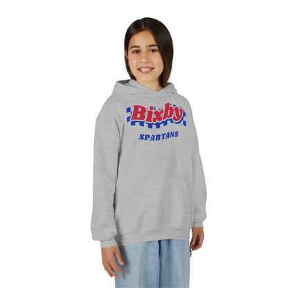 Bixby Spartans Retro Blue Checkered Script Youth Hoodie – Kids Vintage Game Day Hoodie