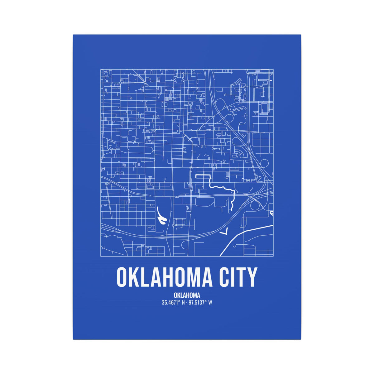 Oklahoma City Street Map Canvas, White on Royal Blue