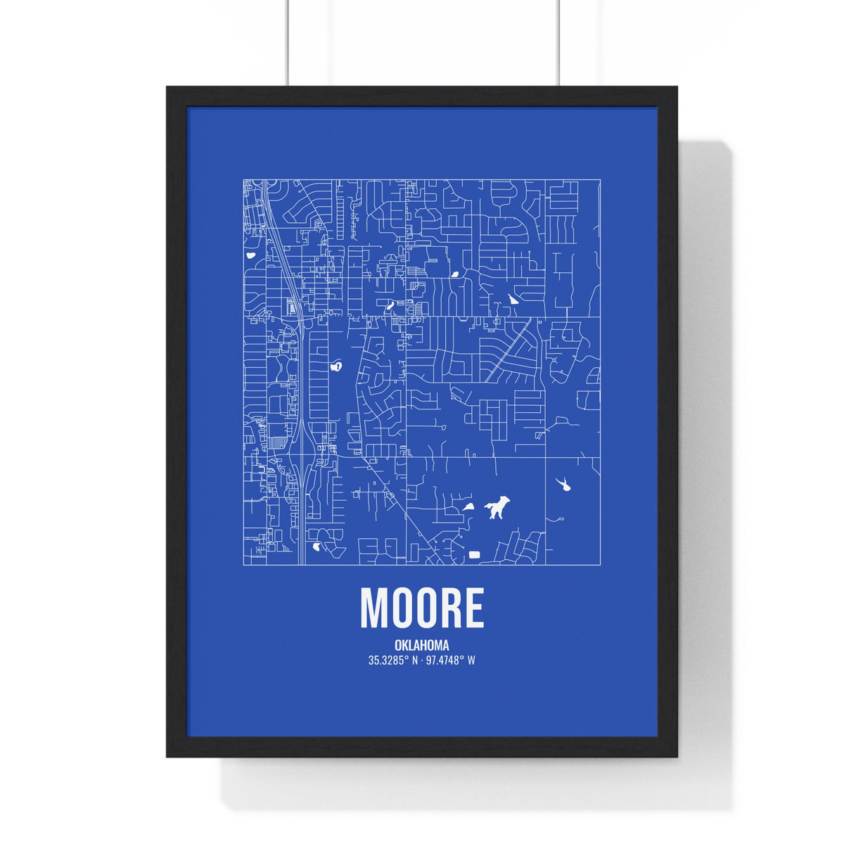 Moore Street Map Framed Print, White on Royal Blue